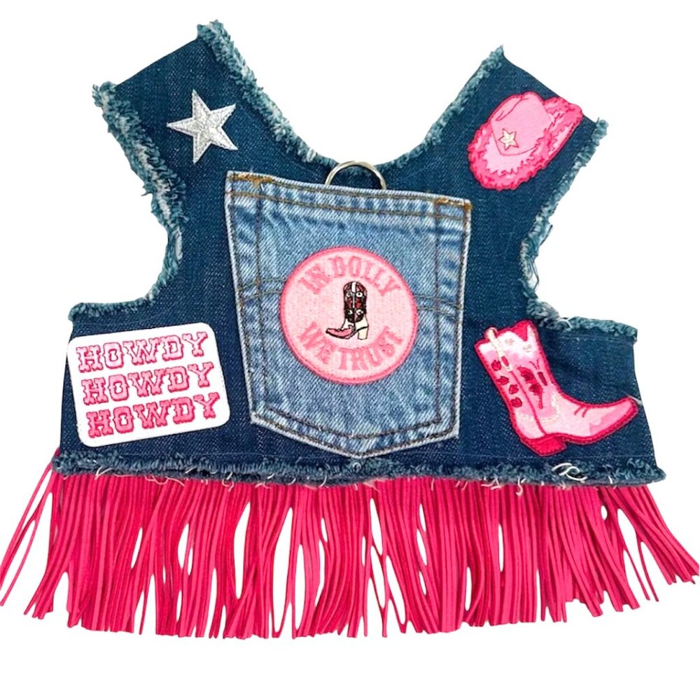 Dolly Cowgirl Custom Recycled Denim Dog Harness Country Fringe D-Ring Leash Pet